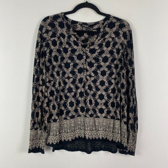 Lucky Brand Black Tan Patterned Button Cuff Sleeve Blouse XL Boho Peasant - Picture 1 of 11